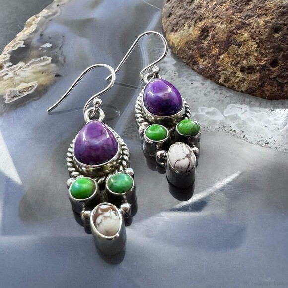 Sterling Southwestern Style Multistone Cluster Dangle Earrings For Women #2 - Picture 4 of 10